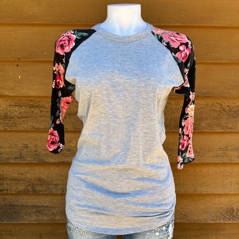 Lularoe Floral Baseball T-Shirt Light Grey Half Sleeve Shirt Size XS